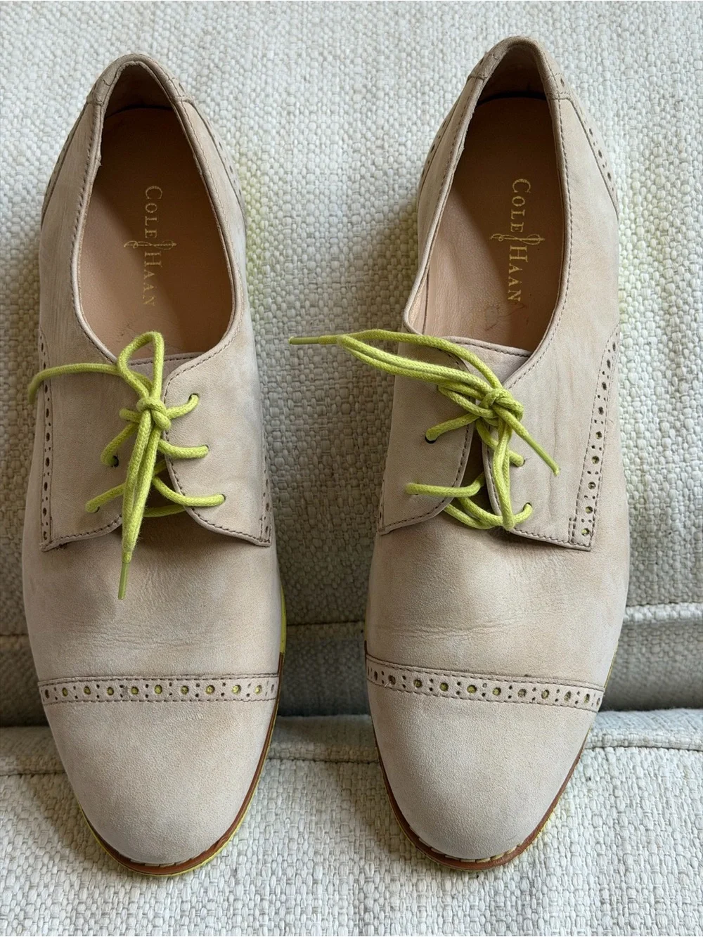 Cole Haan Beige Suede Brogue Oxfords with Lime Green Laces